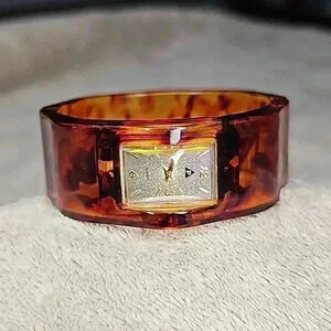 Tortoise Shell Pattern Bangle Cuff Bracelet with Gold & Silver Starburst Watch